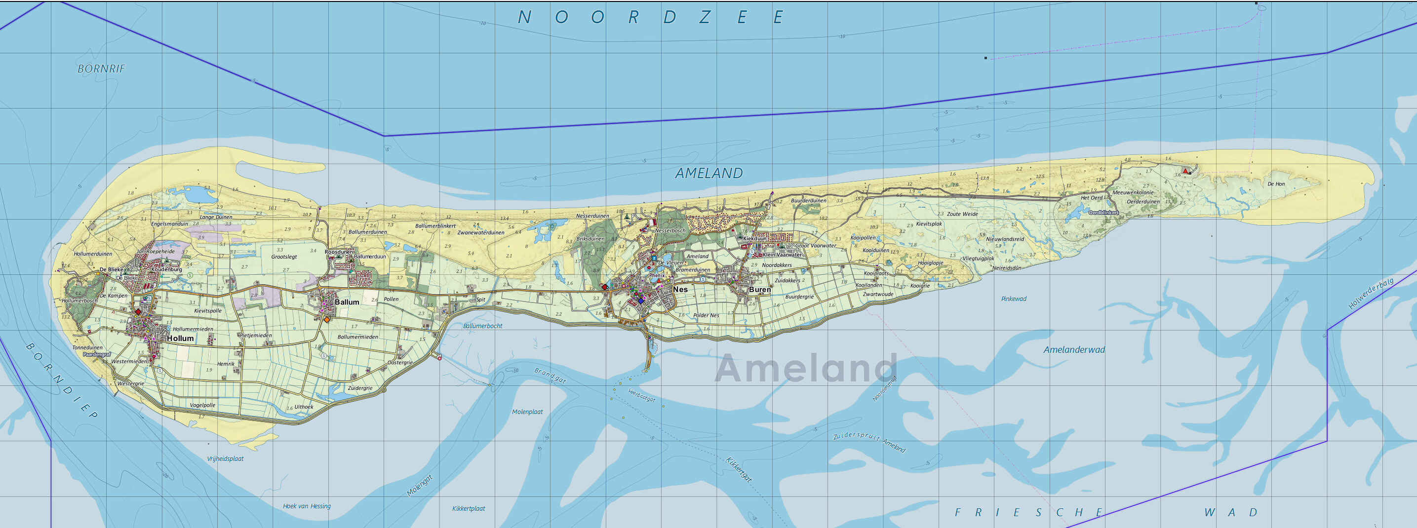 Kaart van Ameland met de locaties van de bungalows